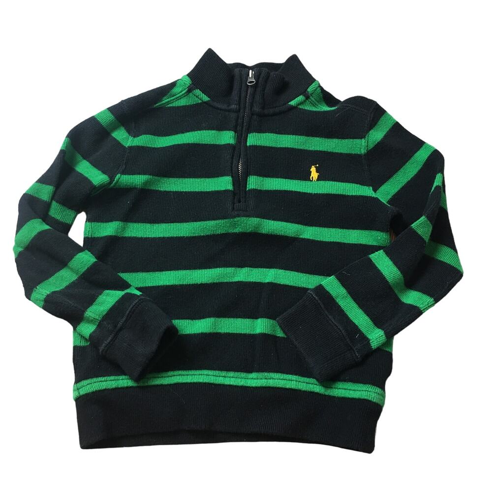 Polo Ralph Lauren Kids Boys 1/4 Zip Striped Mock Neck Pony Sweater Green Size 5